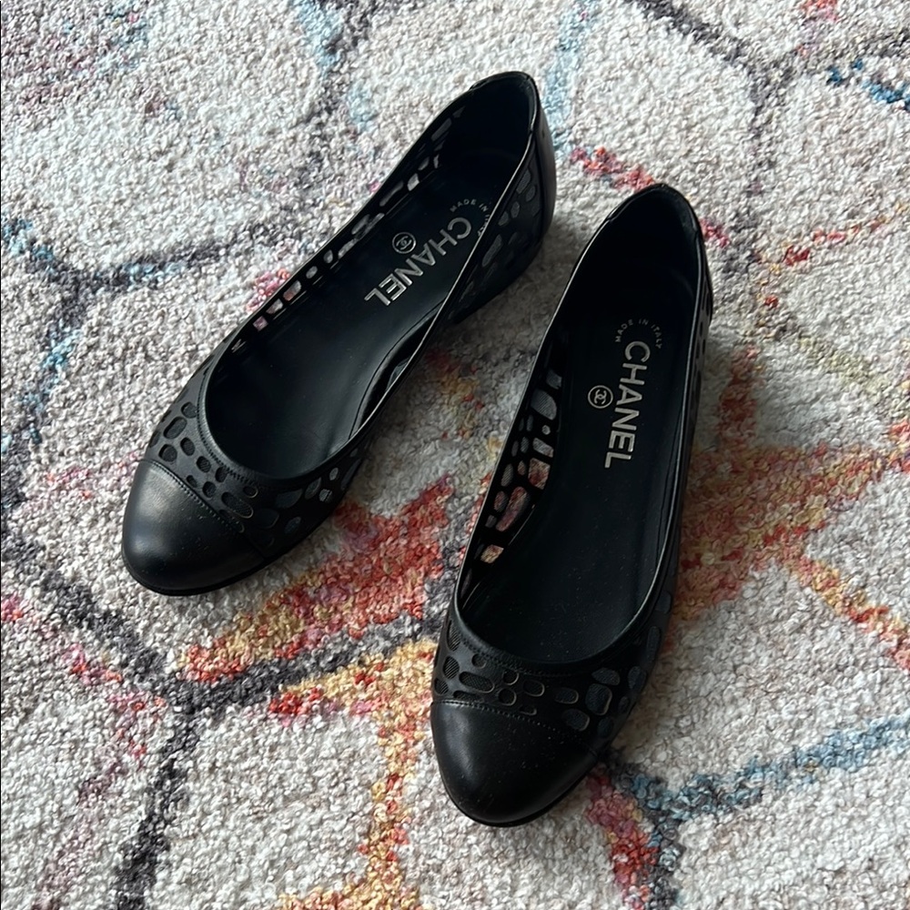 CHANEL Mesh Cutout Captoe Ballet Flats in Black - 36.5